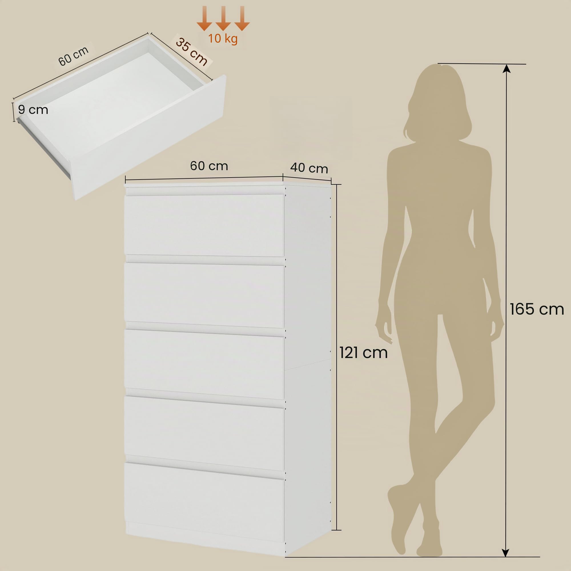 Cajonera con 5 Cajones, Ancho 60 cm, Comoda Dormitorio Blanca, Sinfonier Dormitorio, para Dormitorio, Salón, Oficina y Recibidor, 60x40x121 cm (A x F x A)