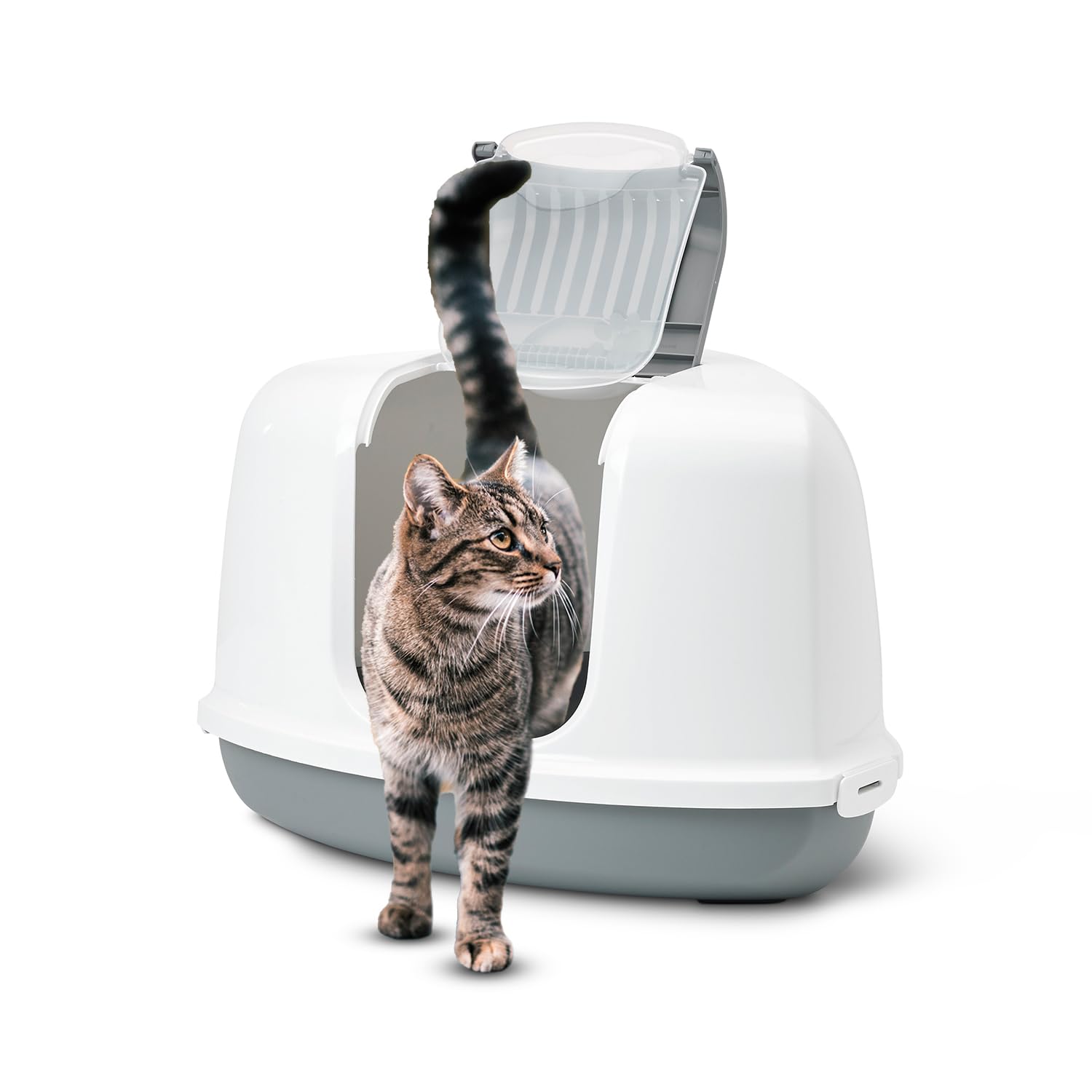 Savic Nestor Front Folding Corner Cat Toilet Home, Prevent Throwing cat Litter, Durable, Lightweight, Easy to Use and Reduces Odor, Perfect Toilet Training Aid, White/Grey, 23 x 18 x 16 inch (B09FL6C4QG) Amazon Price History, Amazon Price Tracker