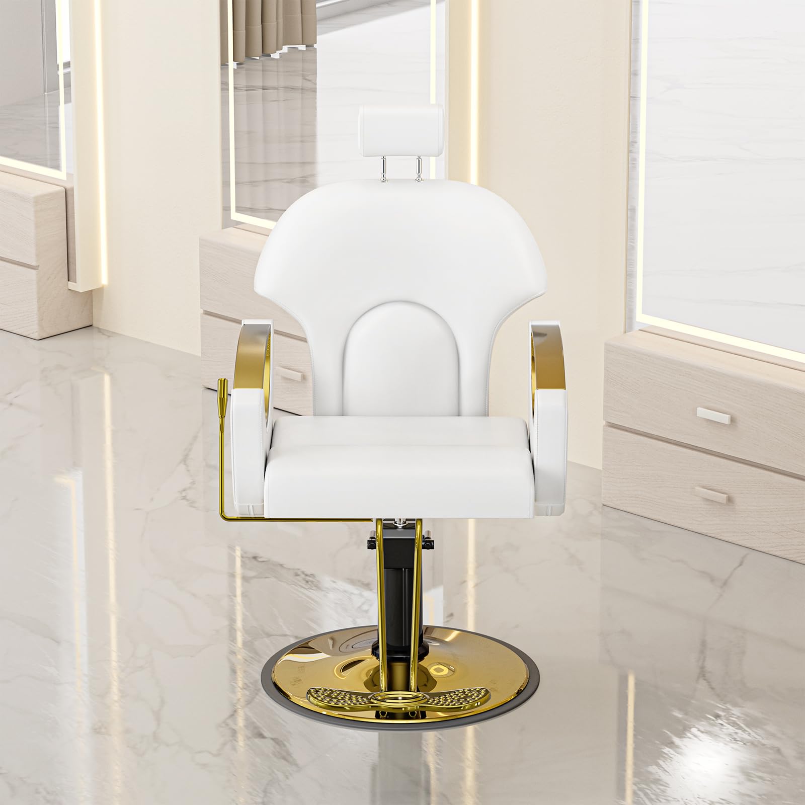 Poltrona da Parrucchiere Idraulica Reclinabile Altezza Regolabile 360° Barber Bianco