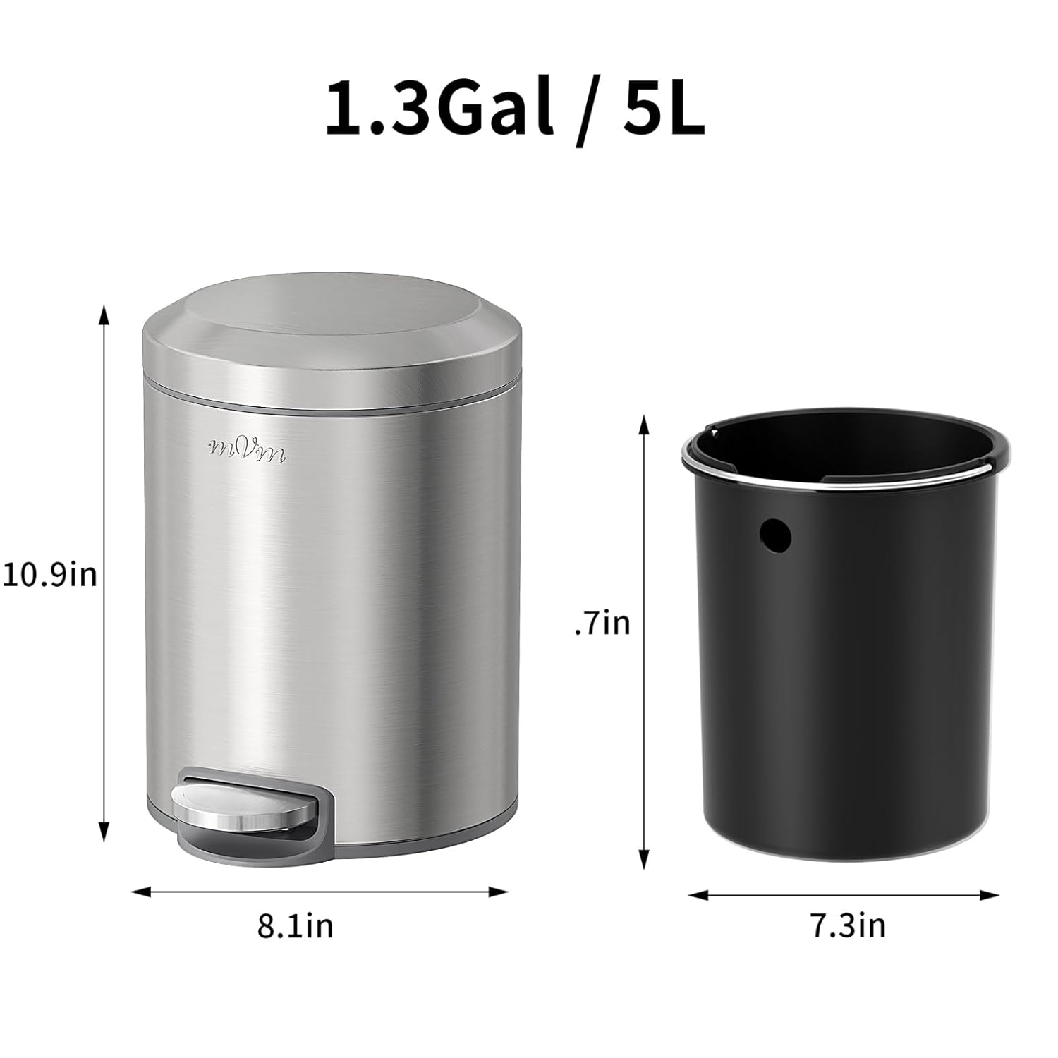 mVm Bathroom Trash Can,1.3 Gallon/5 Lliter Step Small Trash Can with Lid and Foot Pedal,Soft-Close,Anti-Fingerprint.Round Brushed Stainless Steel Garbage Can for Bathroom,Office,Living Room (Silver)