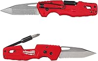 Milwaukee FASTBACK 5-in-1 Folding Utility Knife: Sharp Serrated Tanto Blade, Bit Holder, Bottle Opener, Red-Black