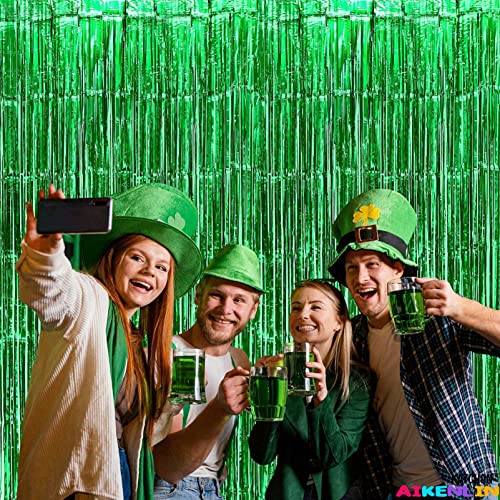 Image of 4 Pack 3.2Ft x 8.2Ft Green Foil Fringe Curtain Backdrop, Metallic Tinsel Foil Fringe Streamers Curtains Background for Photo Booth, Birthday, Wedding, St Patrick Day Party Decoration