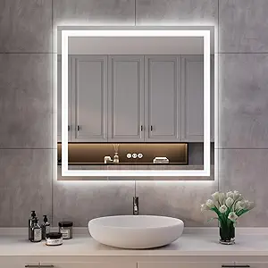 ISKM 32''L x 32''W LED Mirror for Bathroom Lighted Vanity Mirror for Wall Front Lights + Backlit LED Bathroom Mirror Anti-Fog Tempered Glass ETL Listed