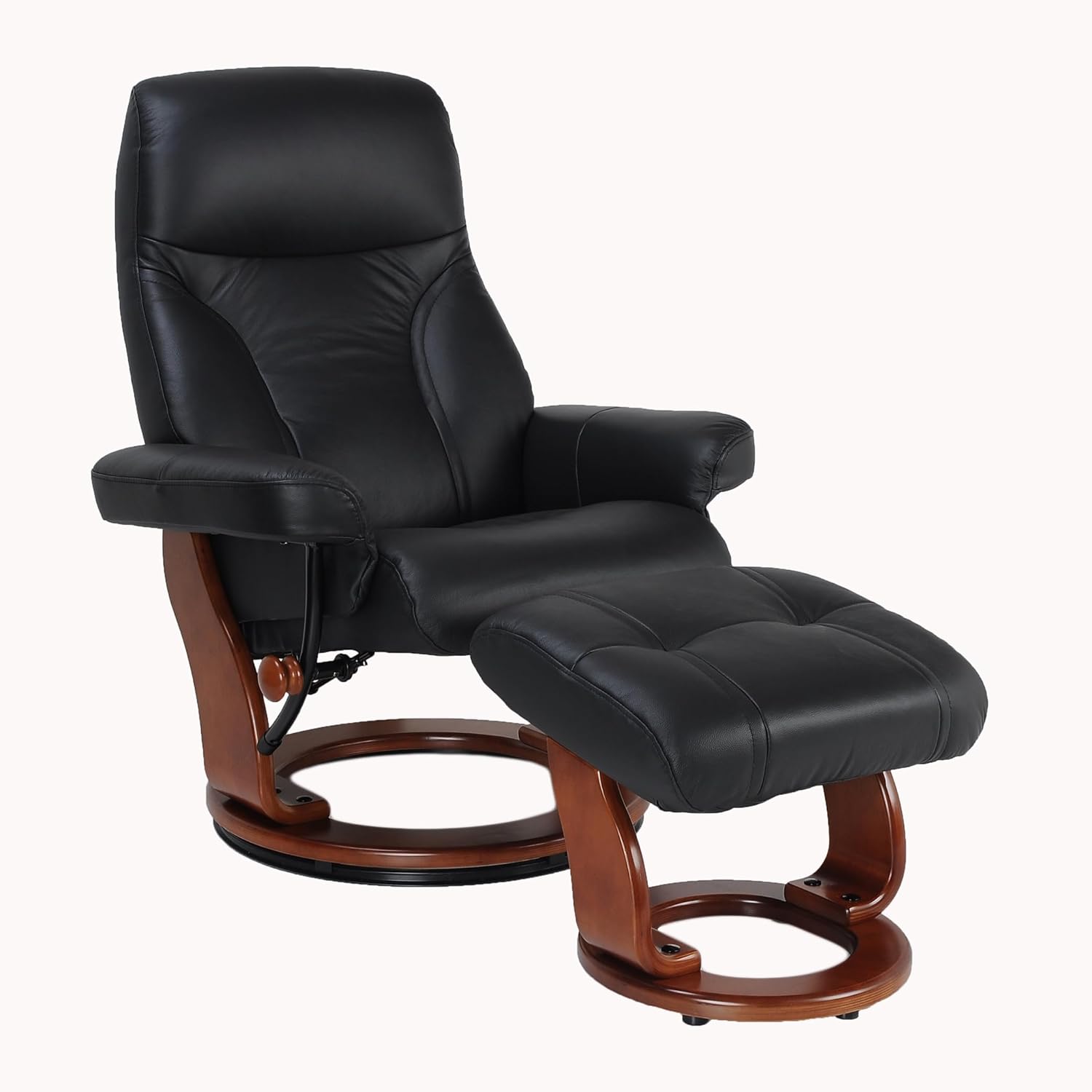 Pemberly Row Contemporary Black Leather Swivel Recliner with Ottoman, 32" W x 32.5" D x 40.5" H, Top Grain Leather and PU, 360-Degree Swivel, Manual Recline Chair for Living Room or Office