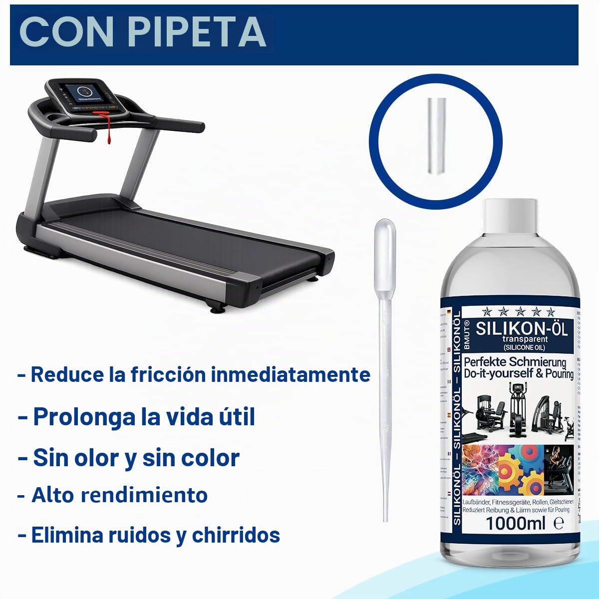 1000 ml de aceite de silicona – puro 100% – para cintas de correr – Lubricante para cinta de correr, bicicleta elíptica, bicicleta de spinning y equipos de fitness – Aceite lubricante 200 cst con