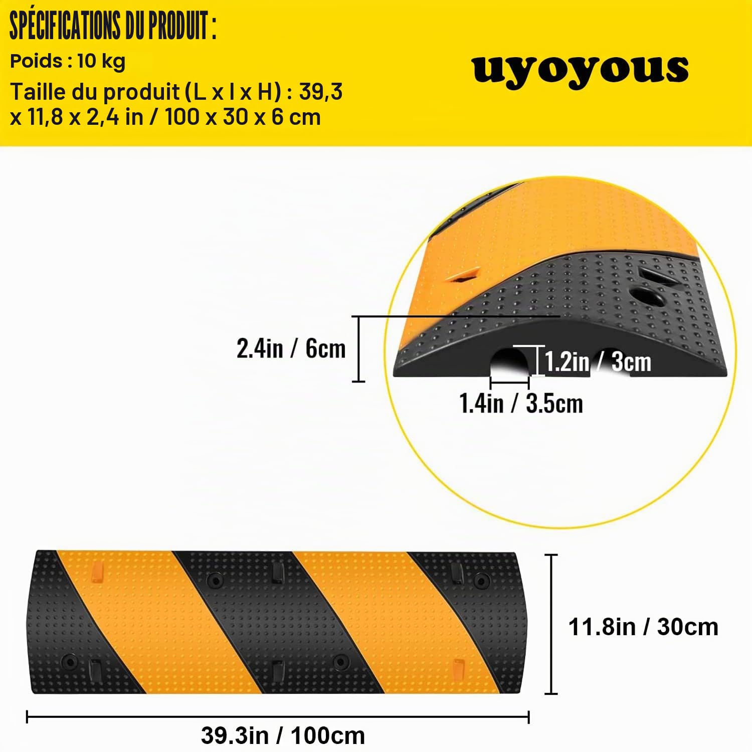 uyoyous Pont de câble à 2 canaux 100 x 30 x 6 cm - Seuil de route - Pont de tuyau - Protection contre les dépassements pour câbles extérieurs
