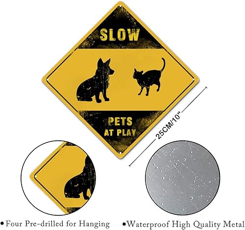 Miniatura 7 de Letrero de metal con texto en inglés Slow Pets at Play Area Xing Caution Crossing para gatos y perros, letrero de advertencia de metal para valla de