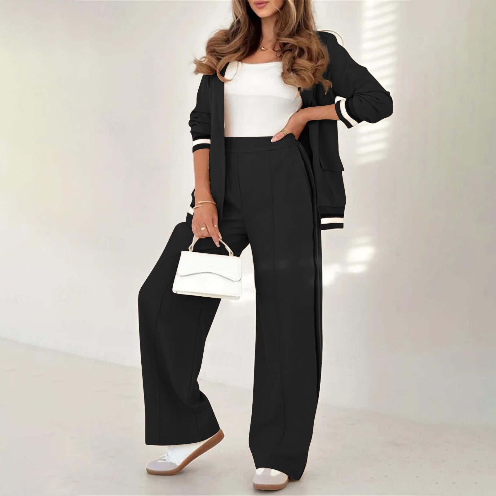 Generico Completo Tailleur Donna Tinta Unita Morbido Giacca e Pantaloni Tuta Elegante Comodo Curvy Set Invernale Manica Lunga con Tasche Tute Due Pezzi Casual Ufficio e Cerimonia Matrimonio