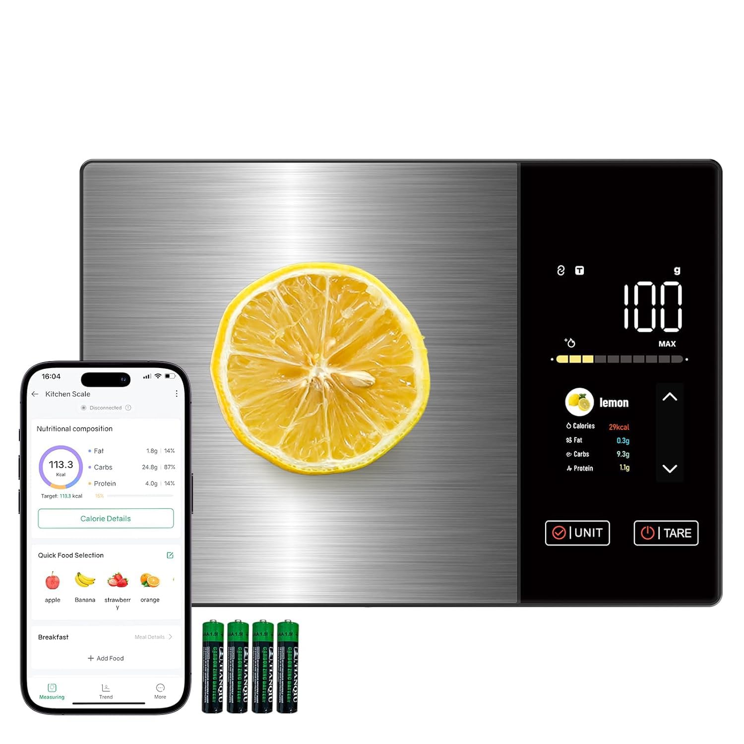 Food Scale with Nutritional Calculator, Smart Digital Kitchen Scale for Weight Loss, App with 23 Nutrients Tracking, Calorie, Fat, Carbs, Premium Stainless Steel