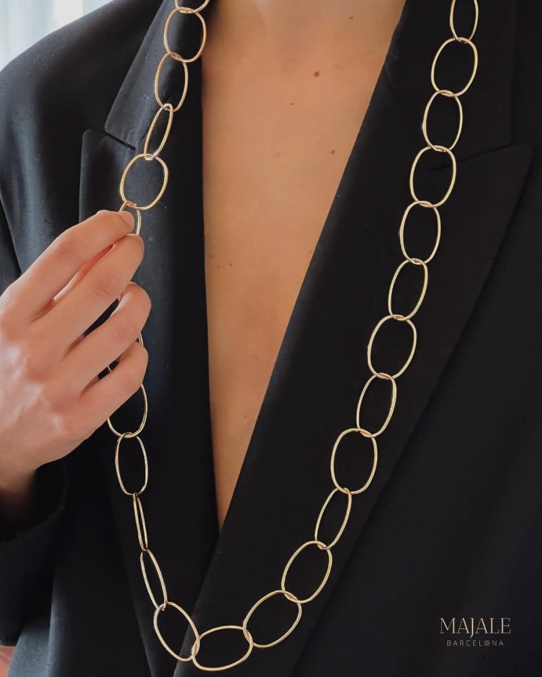 MAJALE - Cadena Oval de Acero Inoxidable - Collar de Acero Inoxidable con Acabado en Baño de Oro de 18Kt y Rodio - 90cm +5cm Extra - Estilo Versátil como Collar o Cinturón - Joyería Mujer