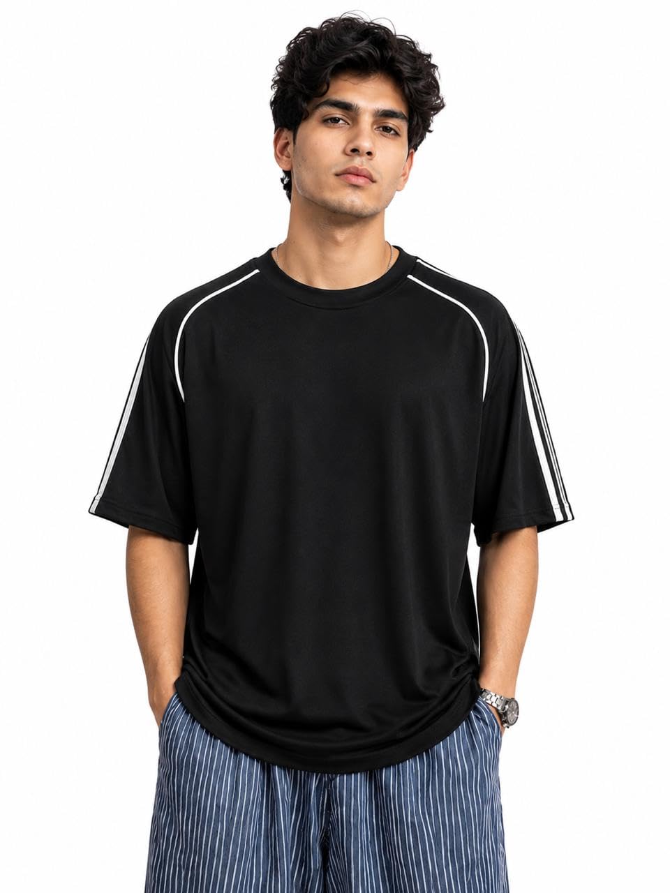 o3e Men's Round Neck T-Shirt | Polycotton Fabric | Half Sleeve Casual Tee | Striped Tape Detail on Sleeves | Relaxed Fit Comfortable T-Shirt-picture-16