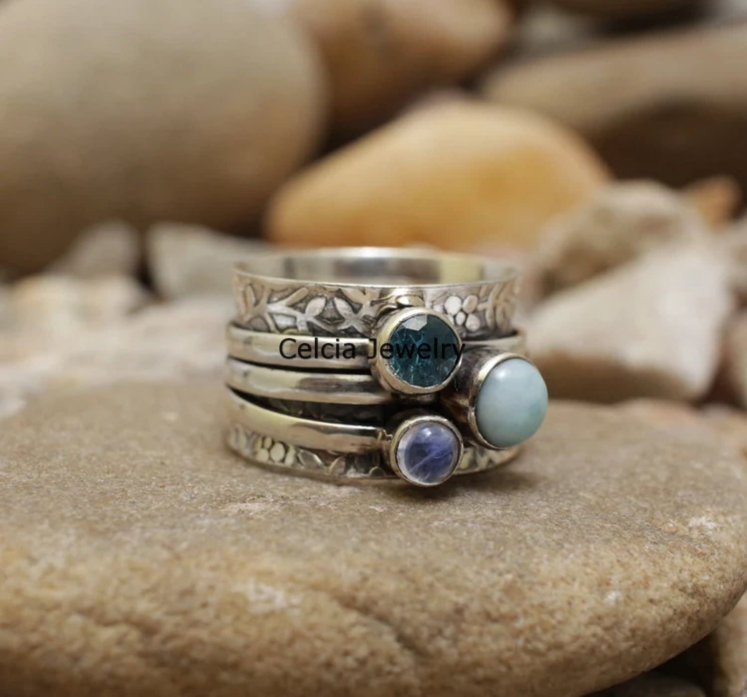 Larimar, blauer Topas und Mondstein mit mehreren Edelsteinen, einzigartiger Spinner-Ring, Spinning-Ring für Frauen, Angst-Spin-Ring, Fidget-Ring, Meditationsring, Geburtsstein-Ring