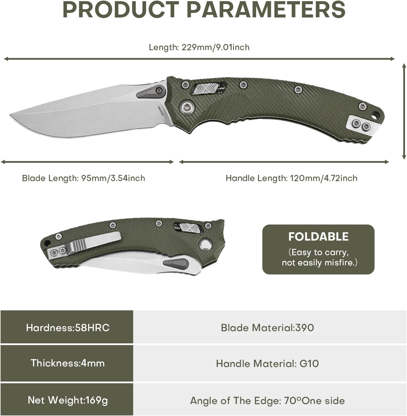Folding Pocket Knife for Men, M390 Blade G10 Handle with Pocket Clip and EDC Knife for Camping, Hiking, and Outdoor Gifts for Him (Green)