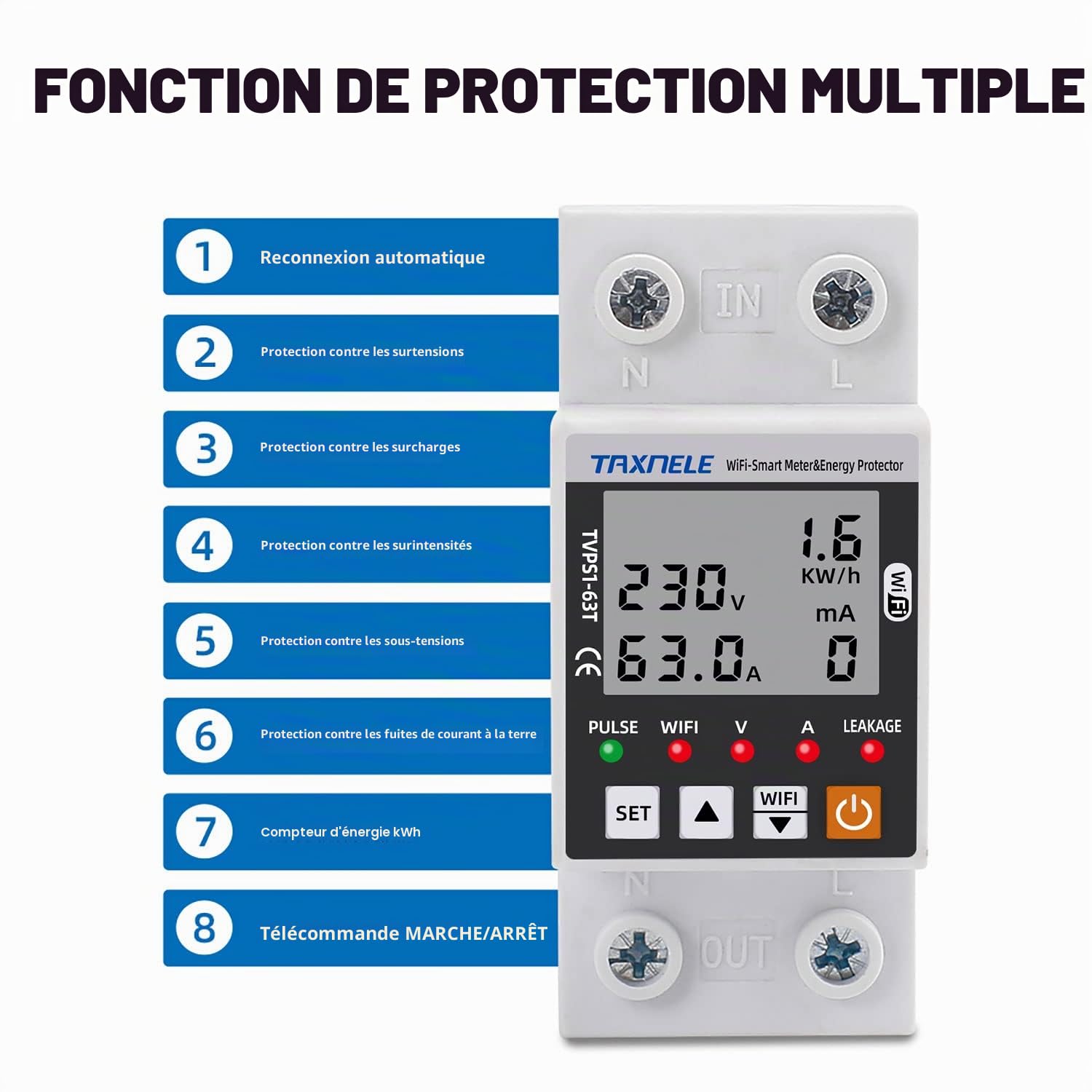 Compteur d'énergie intelligent Wi-Fi CA 63A 80-300V Protection contre les fuites de terre intelligentes de sous-tension Relais Dispositif Interrupteur Énergie 230V Smart Life APP (Noir)
