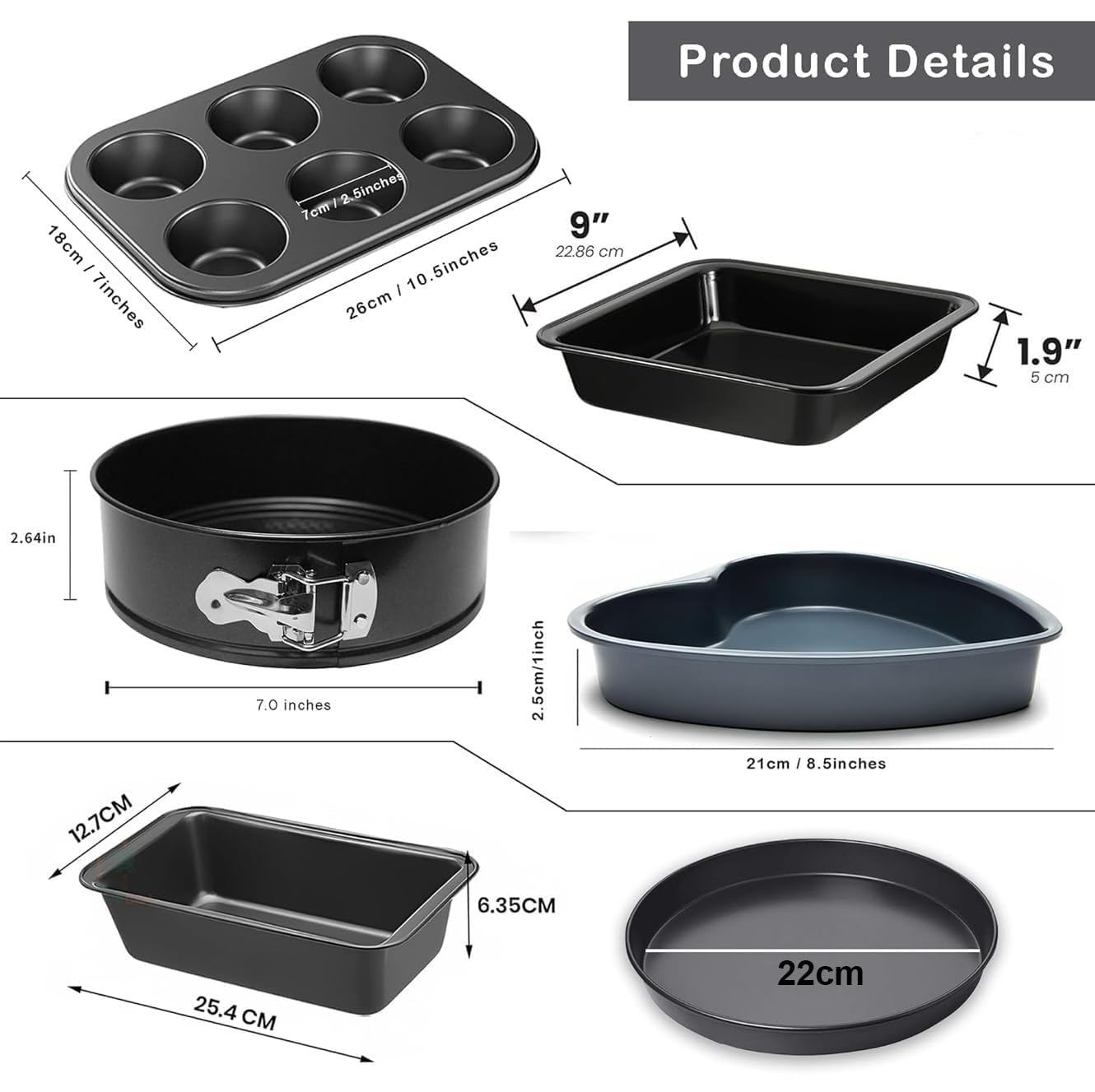 Xacton Juego de moldes para tartas 8 en 1, combo de redondos, corazones, cuadrados, moldes de cuentas, bandeja para pizza, bandeja para magdalenas de 6 ranuras, forros para tazas de pastel y tazas