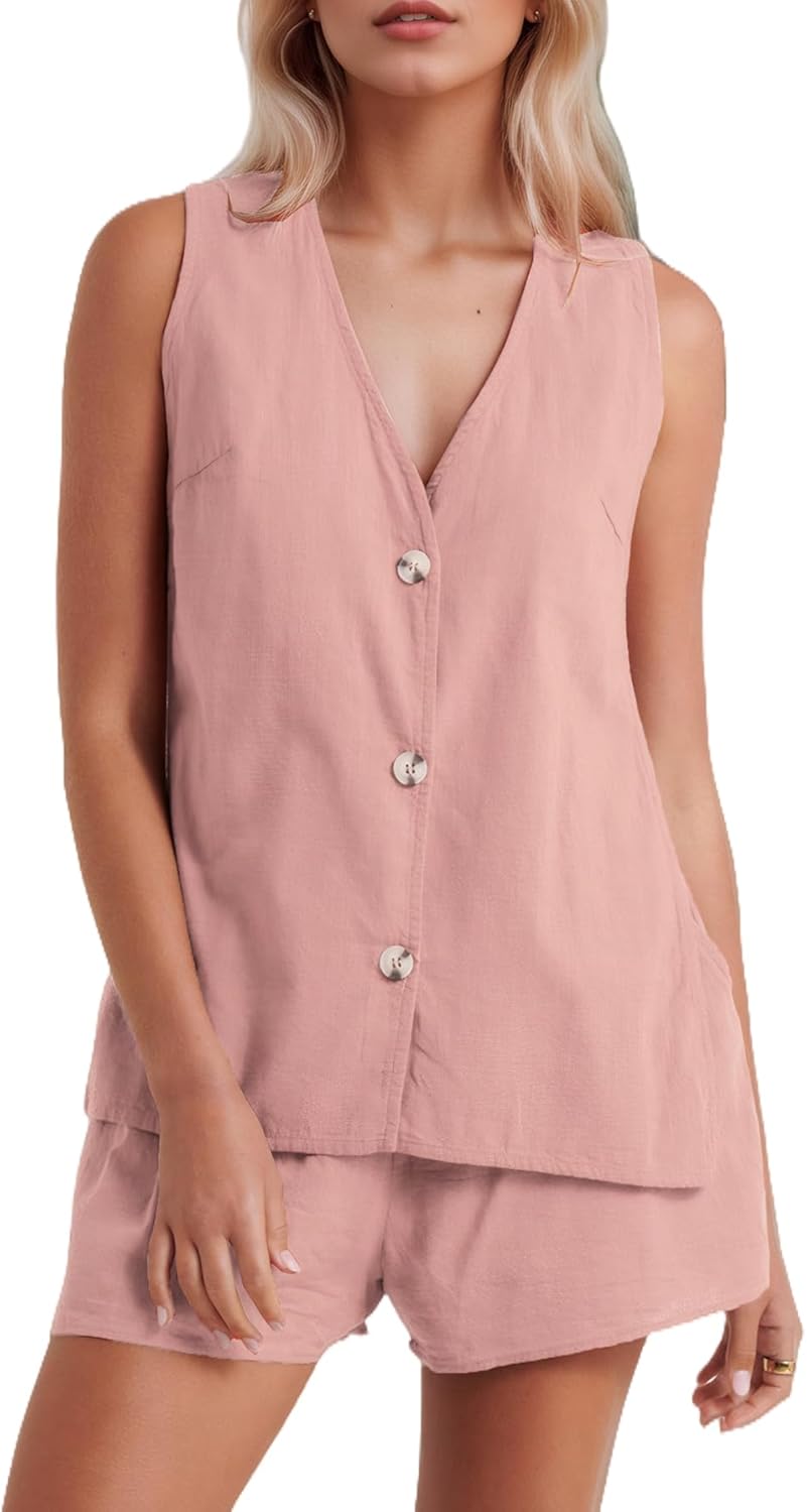 Kedera Women's Summer 2 Piece Outfits Sleeveless Matching Sets Button Down V Neck Vest Waistcoat and Pockets Shorts