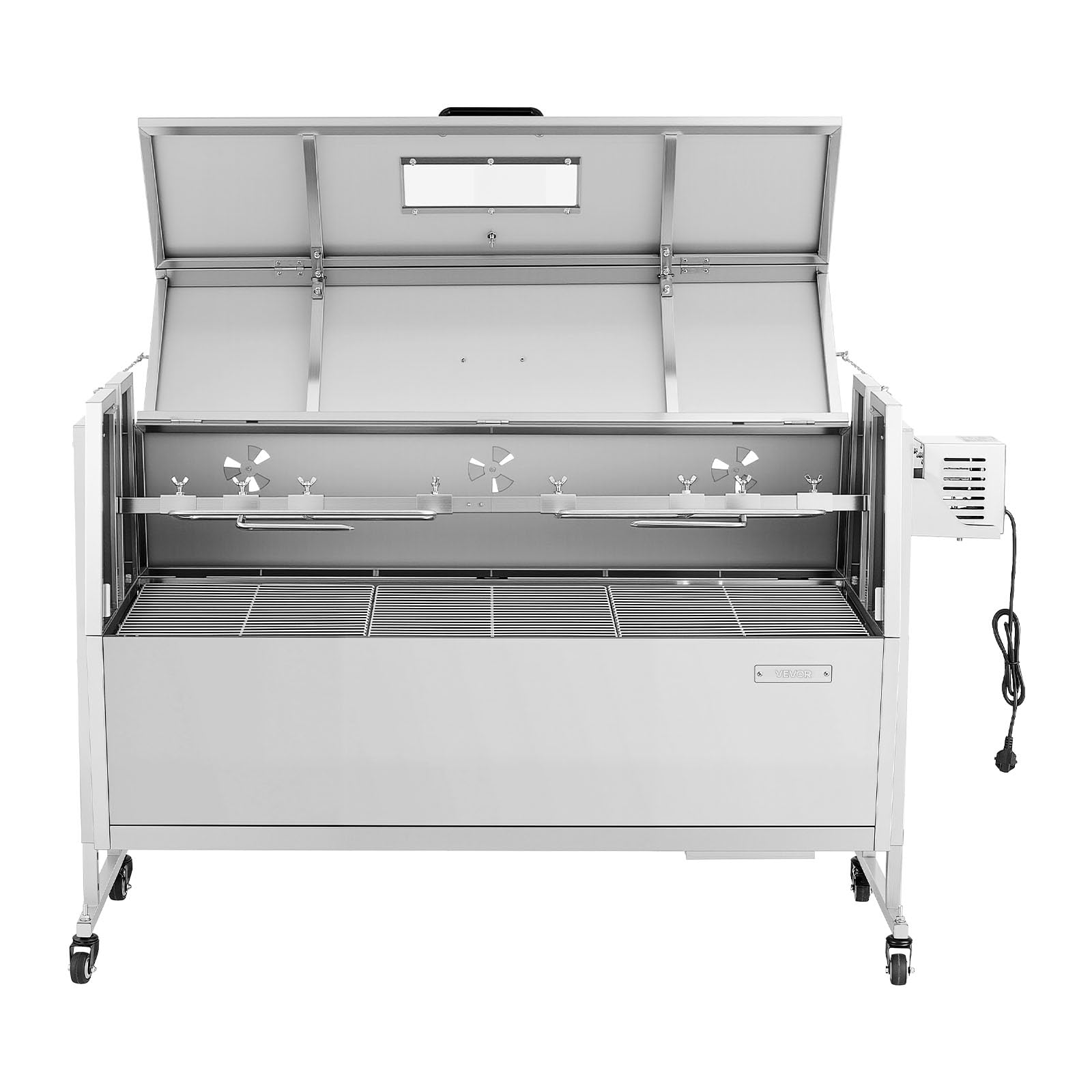 VEVOR Barbecue à Charbon Chargeant 60 kg, Barbecue Rôtissoire avec Roues, Kit de Tournebroche Électrique 38 W, 4 Niveaux de Hauteur, Broche en Acier Inoxydable, pour Agneau Porcelet, Extérieur