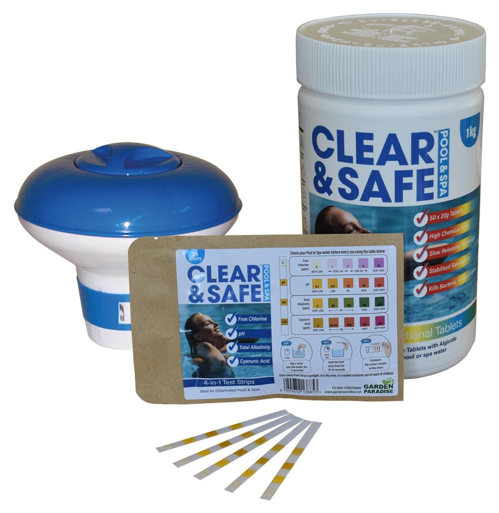 Clear & Safe 1kg Multifunction Chlorine Tablets 50 x 20g Tablets & Floating Dispenser & Pack of 25 4-in-1 Test Strips
