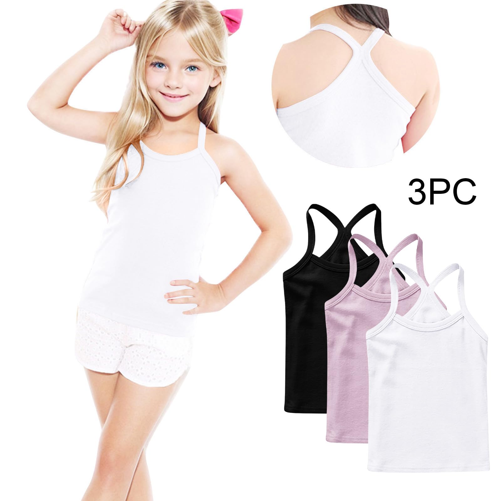Lot de 3 maillots de corps pour fille - En coton - Débardeur à bretelles - Pour l'été - Sans manches - Décontracté - Bretelles spaghetti - Couleur unie