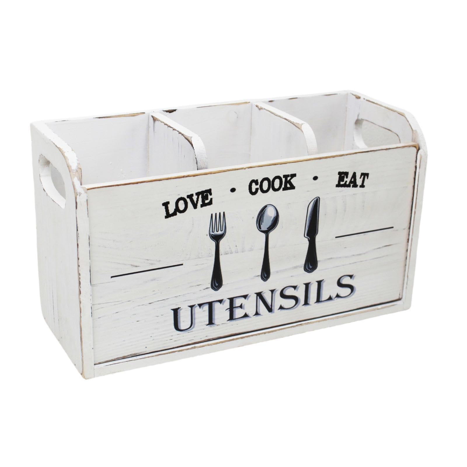 Gralara Utensilienhalter Besteckkasten Küchenorganizer Holzbehälter mit DREI Fächern Zur Aufbewahrung von Besteck Kochlöffeln Schneebesen für Küche Wohnzimmer, Weiß