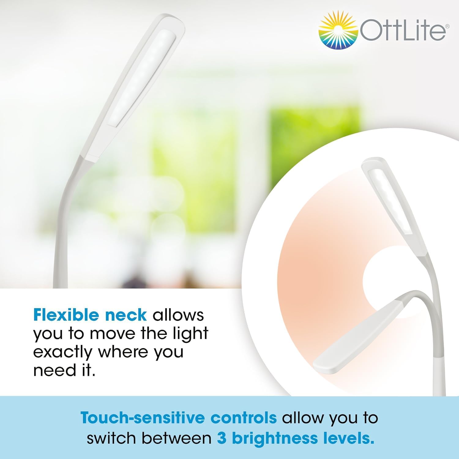 OttLite LED Desk Lamp with Flexible Neck (White) - Slim Desk Lamp with 3 Brightness Settings & Touch Activated Controls - Energy-Efficient Natural Daylight LEDs for Home Office, Desk, & Dorms