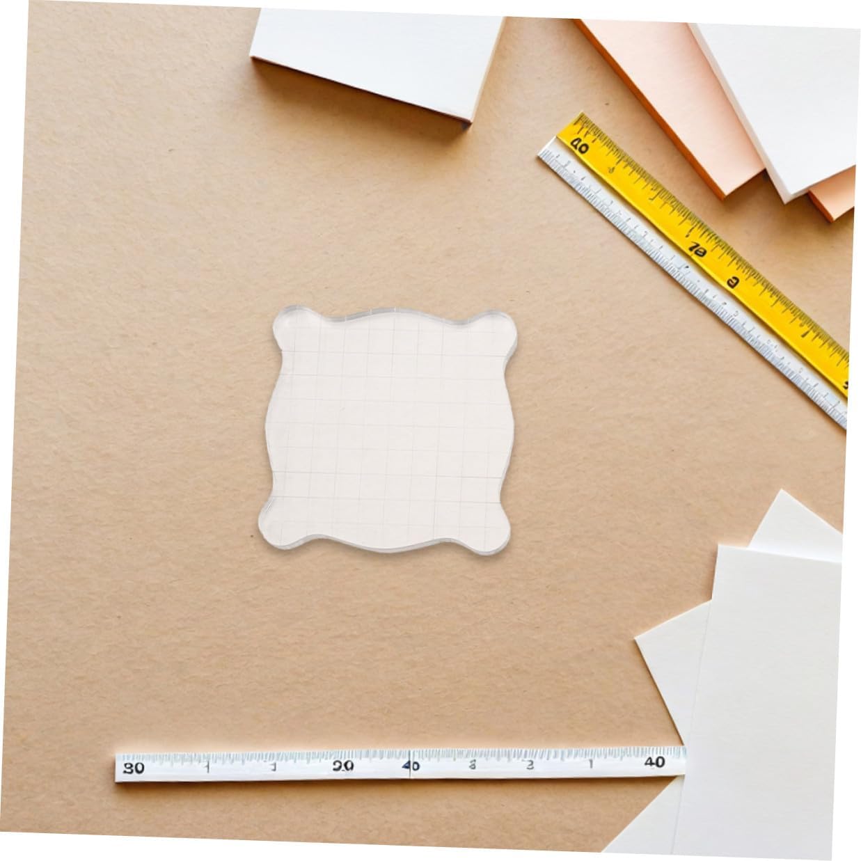 4pcs Acrylic Stamp Blocks with Grid Lines and Wave Grip, 7.5x7.5cm Crafting Stamp Accessories for Scrapbooking and Handmade Card Making