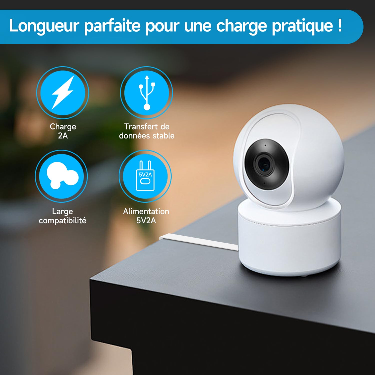 Câble d'extension d'alimentation plat de 5 m pour caméras de sécurité à domicile compatibles USB-C ou autres appareils (téléphone, manette Switch Pro, etc.), rallonge USB A vers type C pour