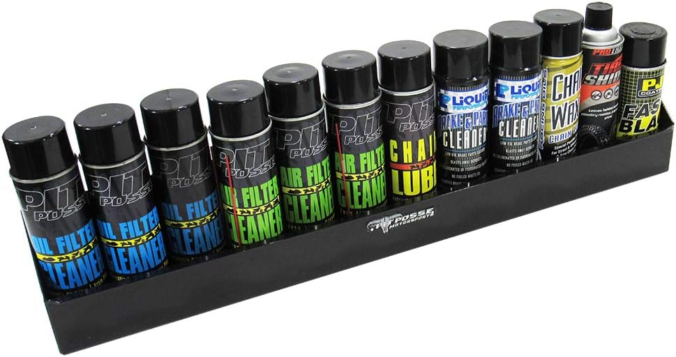 Pit Posse 455BK Twelve Bottle Aerosol Spray Can Rack Shelf Holder 32" Oil Caddy - Made in USA- Garage Enclosed Race Trailer Automotive Mechanics Shop Storage Organizer Aluminum - (Black)