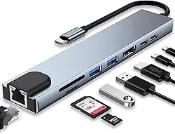 Adaptador Hub 8 em 1 USB-C com HDMI 4K + VGA + RJ45 + PD 100W + 2 USB 3.0 + SD/TF - Para MacBook, Windows, Chromebook, Notebook, Tablet e Celular - Conversor Multiportas USB-C para HDMI/VGA/Ethernet