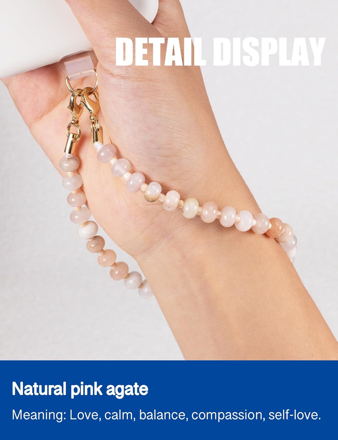 Handmade Natural Gemstone Crystal Beaded Charm Cell Phone Camera Lanyard, Hands-Free Wrist Strap, Phone Chain String, Keychain Decor for Walle (Pink Agate) - Image 2