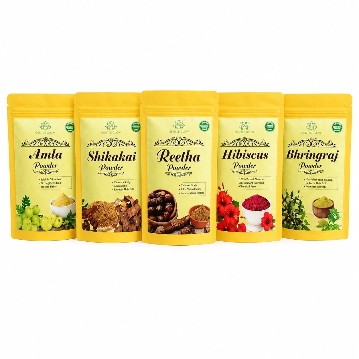 GENTLE GLOW 100% Natural Hair Mask Powder - Combo of Amla, Reetha, Shikakai, Bhringraj, Hibiscus | Promotes Hair Growth and Reduces Hair Fall | Fights Dandruff | Improves Hair Texture and Adds Natural Shine (50gm Each)-image-44