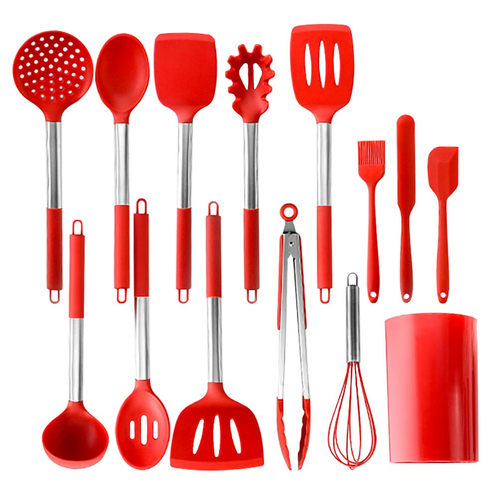 Gleevie 14PCS Red Silicone Kitchen Utensil Set with Holder, Silicone Cooking Utensil Set Heat Resistant Non Stick BPA Free with Stainless Steel Handle Dishwasher Safe