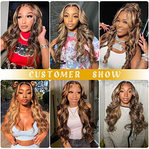 Silaiya Body Wave Highlight Ombre Lace Frontal Wig Human Hair Pre Plucked With Baby Hair 13X4 Hd Transparent 180% Density 4/27 Colored For Women, Honey Blonde Lace Front Wig (22 Inch) #TOP5