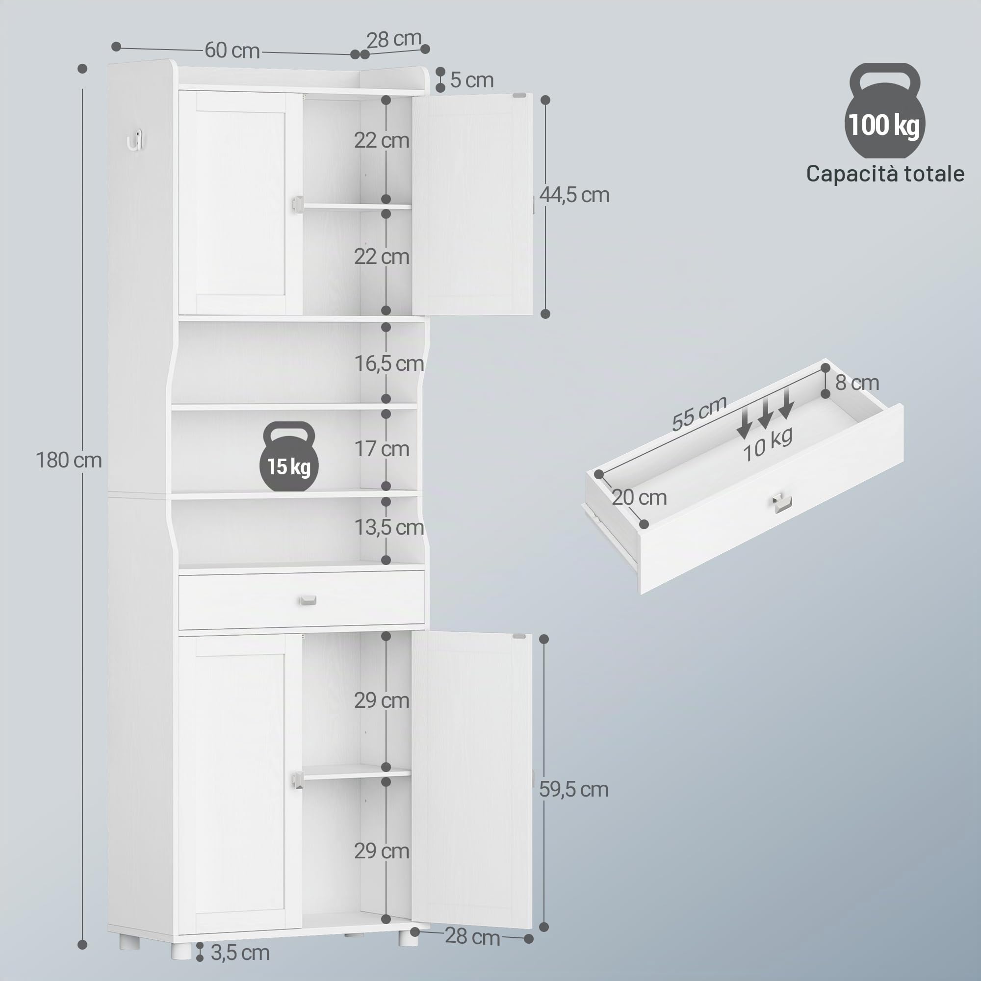 Hzuaneri Mobile Bagno, Alto, Colonna Bagno, 28 x 60 x 180 cm, Bianco