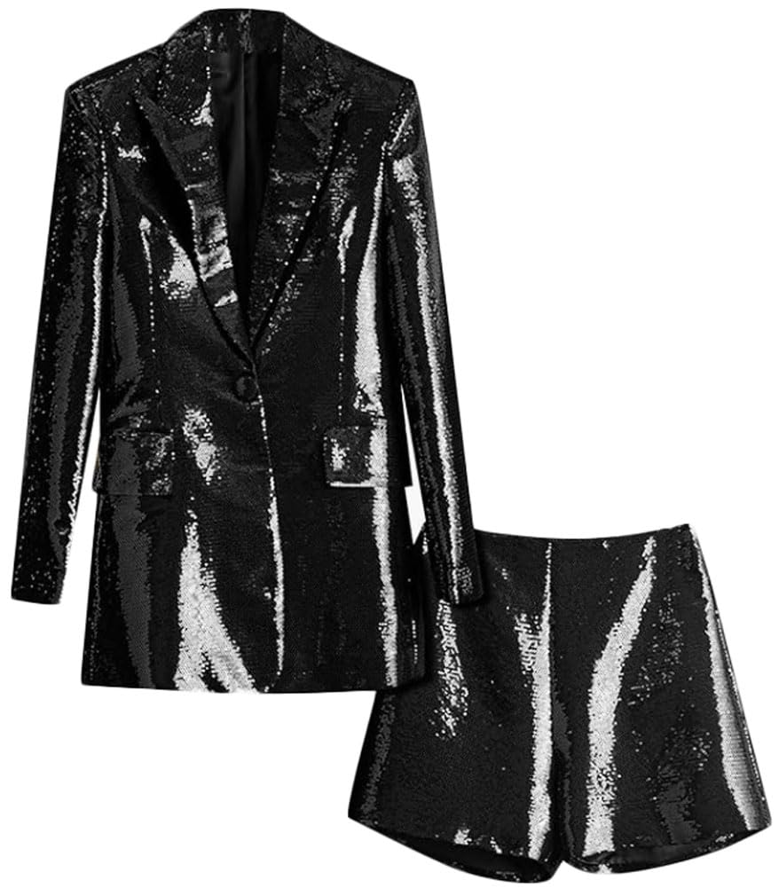 Womens Glitter Blazer Short Pants Set 2 PC Slim Fit Peak Lapel Prom Party Suit Womens Sequins Suit