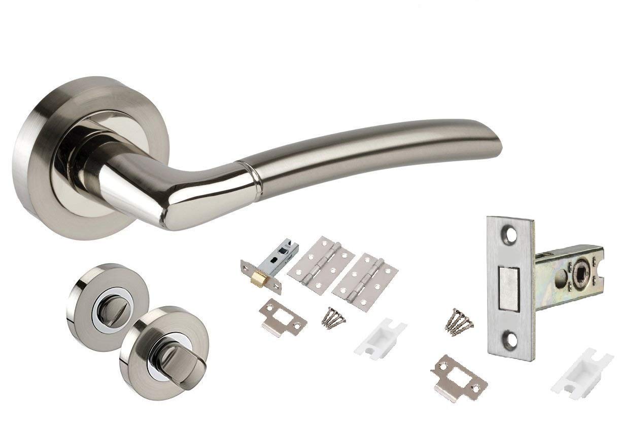 Jiyo.OutdoorIndiana Style Modern Chrome Door Handles on Rose with Duo Finish Bathroom Handle Pack with 64mm DEADBOLT