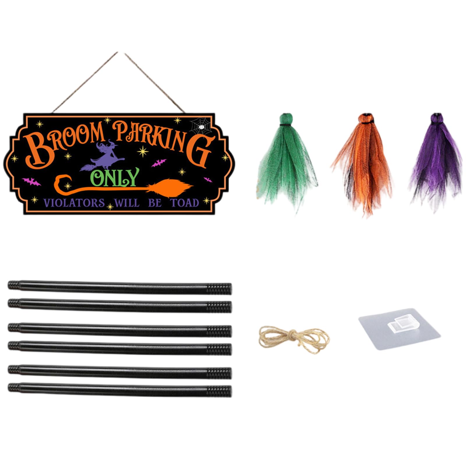 Halloween Witch Broom Parking Wall Sign with 3 Wood Brooms Broomsticks Signage Festival Home Decoration Yard Sign
