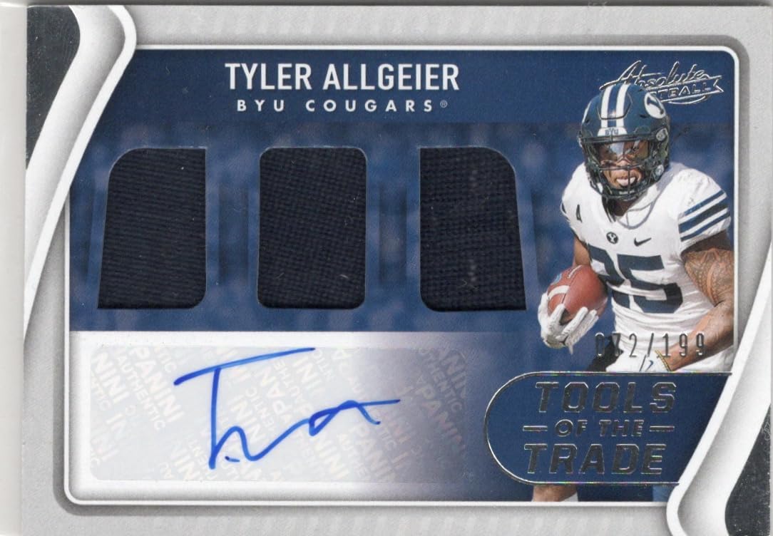 Tyler Allegeier Serial Numbered #072/199 Blue Parallel Tools of the Trade Jersey Game Used Triple Relic Memorabilia Collectible Football Card - 2022 Panini Chronicles Absolute Draft Picks Football Card #TTT-TAL (Falcons)
