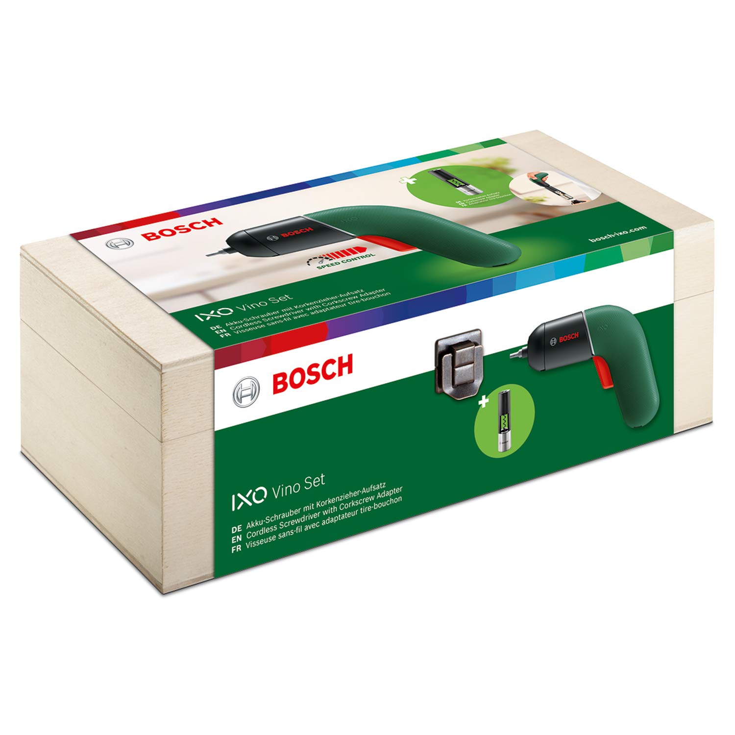 Bosch DIY Tools Avvitatore elettrico IXO Vino Set 6a generazione, verde, con attacco apribottiglia di vino, ricaricabile con cavo micro USB, CONTROLLO VELOCITÀ variabile, in scatola di legno diqualità