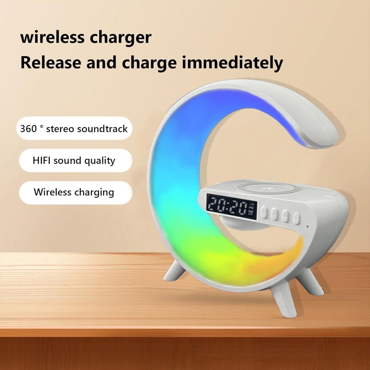 Chargeur sans fil Lampe Haut-parleur Bluetooth Horloge Musique Réveil Bouton et Contrôle APP 7 Modes de Couleur de Lumière Réveil pour Chambre à Coucher, Salon, Maison et Bureau Réveil avec Chargeur