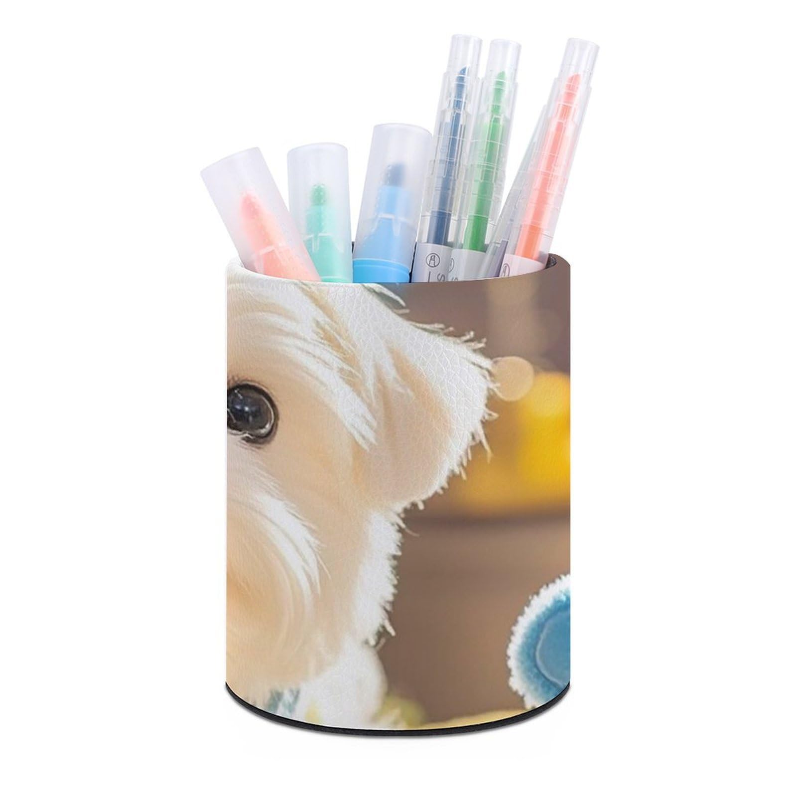 FekiLoot PU Leather Round Pen Holder Cute Maltese Puppy Pencil Holder Desk Organizer Pen Organizer Pen Cup Pencil Cup Caddy Desktop Stationery Organizers for Office Home Supplies