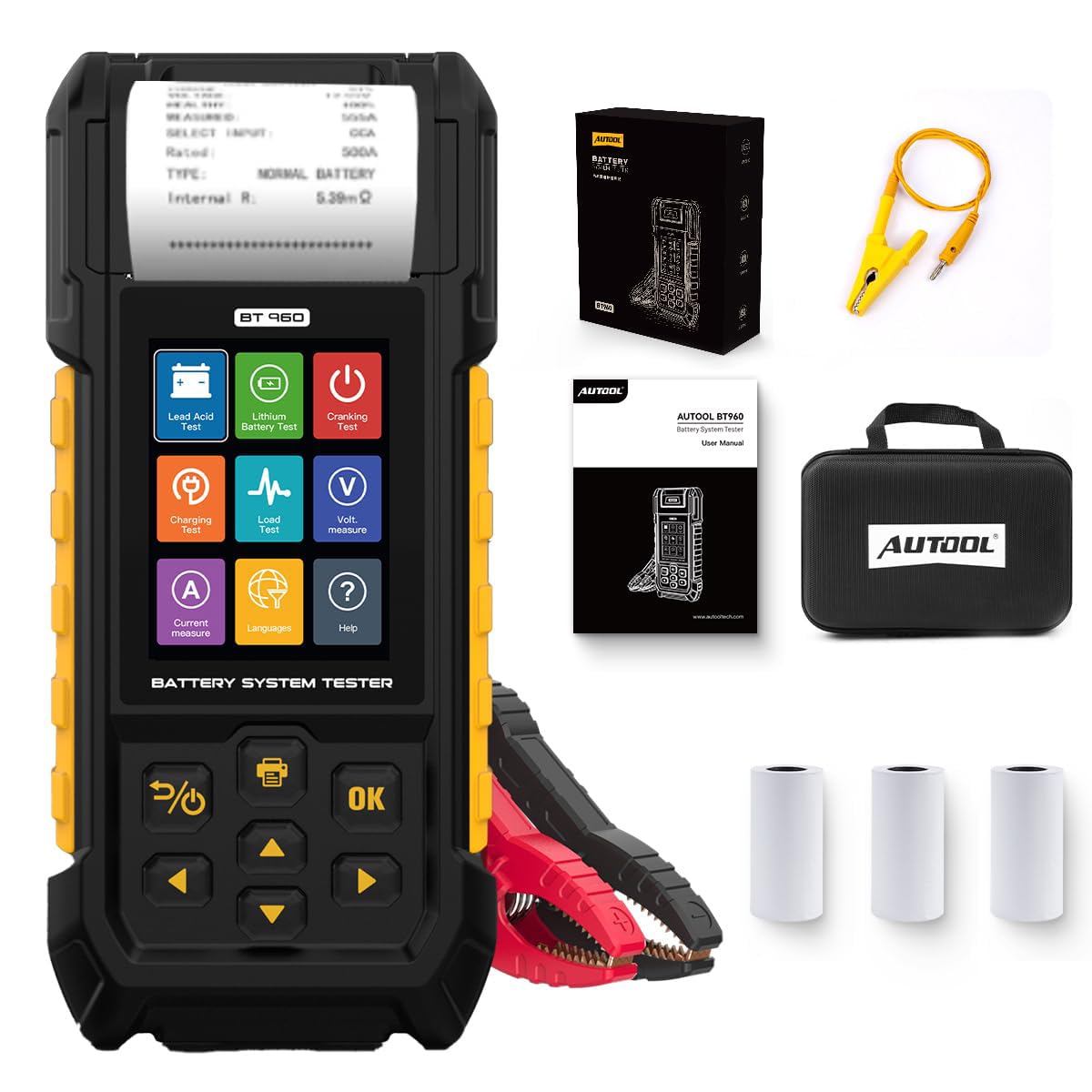 AUTOOL Batterietester kfz mit Drucker, BT960 12V 24V Autobatterie Tester, 30–2000 CCA Lasttester Batterie-/Anlass-/Ladesystemtest, Lead-acid Lithium Autobatterie Analysator für PKW-LKW ATV Auto Boote