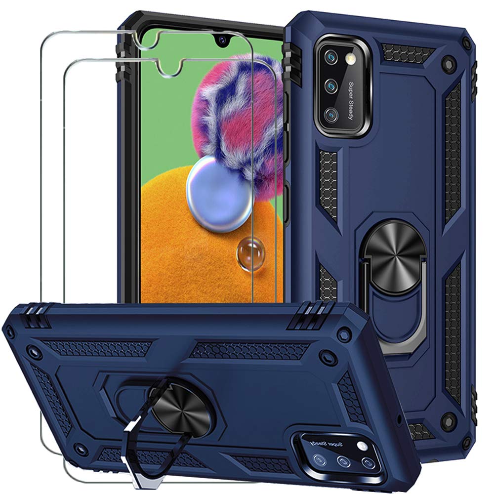 BTShare For Samsung Galaxy A41 Case with Tempered Glass Screen Protector (2 pack), Hybrid Heavy Duty Armor Defender Anti-Scratch Kickstand Shockproof Cover & Ring Grip, JS Blue