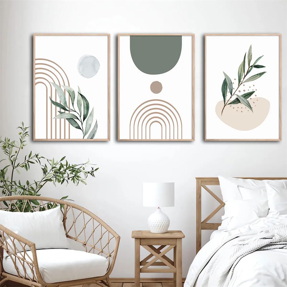 Wbyzac Multicolored Botanical Posters-Mid Century Boho Retro Abstract Poster Canvas Print Green Geometry Graphics Botanical Leaf Painting Modern Wall Picture Living Kitchen Decoration-60 * 70Cm*3Pcs (No Frame)