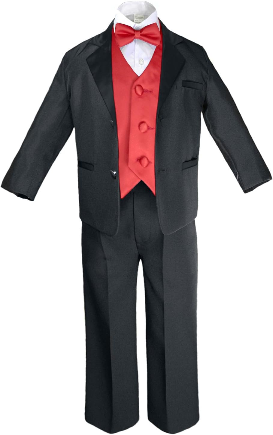 7pcs Boys Black Suits Tuxedo with Satin Red Bow Tie Vest Set (S-20)