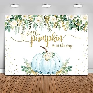 Mocsicka Boy Pumpkin Baby Shower Backdrop Greenery Blue Floral Fall Baby Shower Background Autumn Pumpkin Baby Shower Party Cake Table Decoration Banner Photo Booth Props (7x5ft)