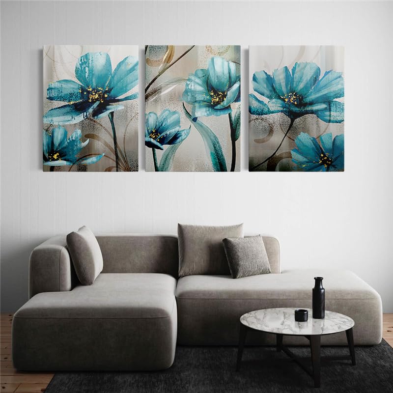 Tableau abstrait moderne bleu turquoise et doré 3 pièces 50x70 cm
