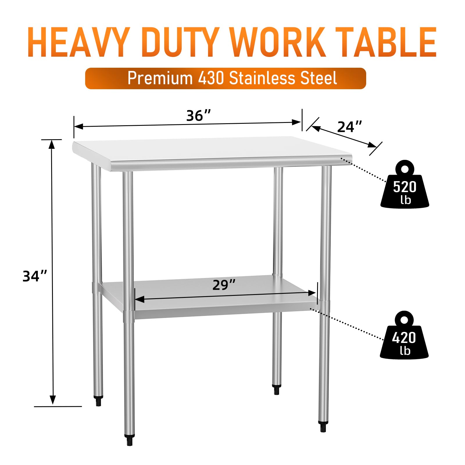 Mesa de acero inoxidable para preparación de alimentos y trabajo, mesa de utilidad de 24 x 36 pulgadas con estante inferior ajustable, estación de trabajo comercial en cocina, garaje