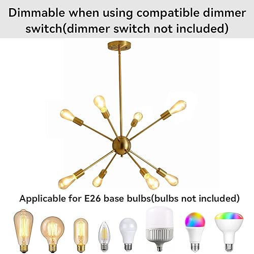 Miniatura 8 de SUSVQLXG Candelabros Sputnik dorados de 8 luces modernas con base E26, lámpara de techo vintage ajustable para cocina, comedor, sala de estar,