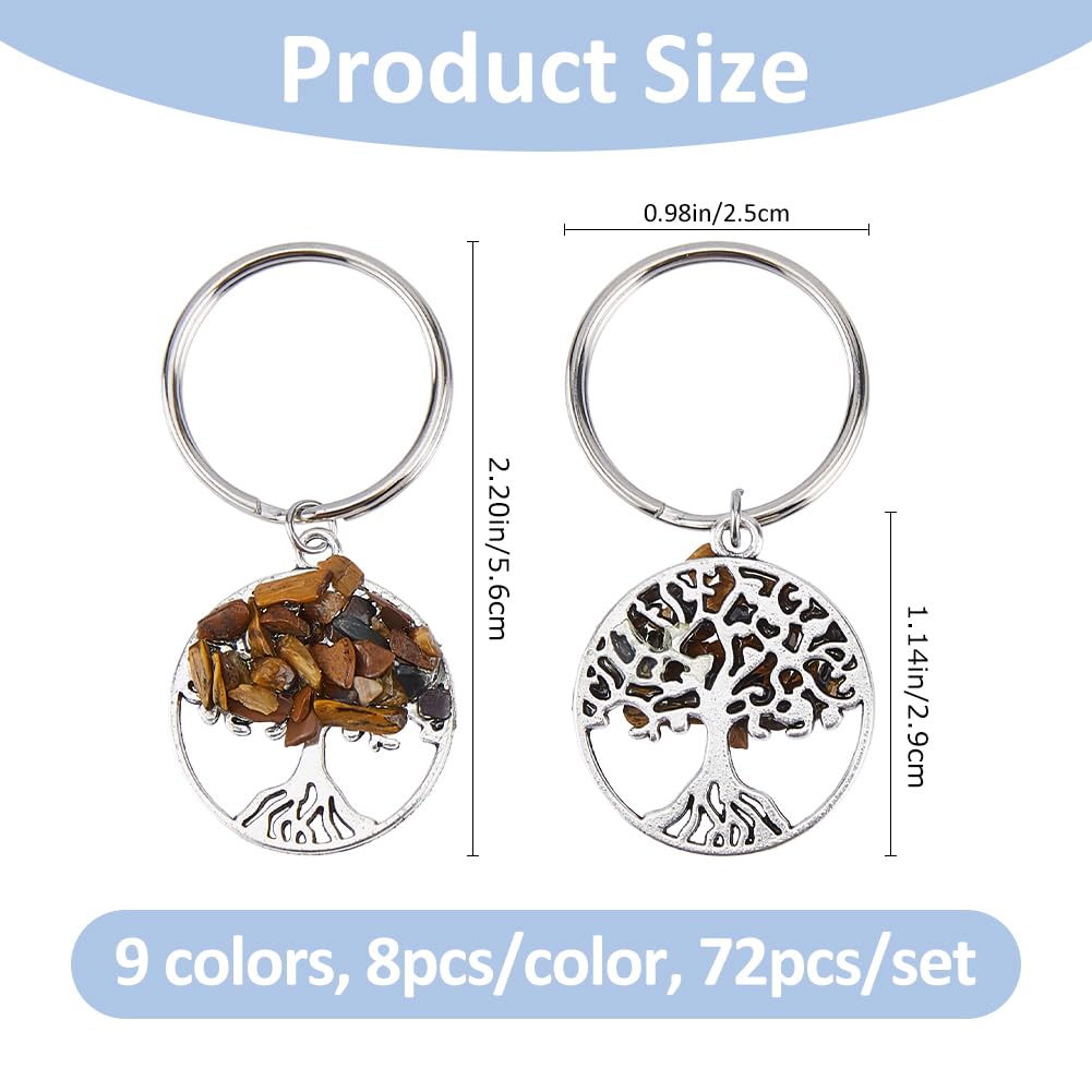 SUPERFINDINGS 36/72 llaveros de árbol de la vida de 9 colores, piedras de cristal natural, hecho a mano, llavero con colgante de suerte